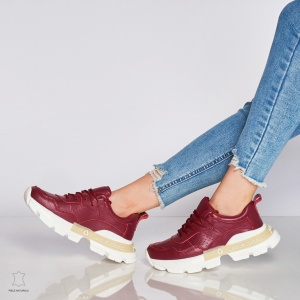 Pantofi Casual dama din Piele naturala cu talpa groasa LF0046 Bordo - Img 3
