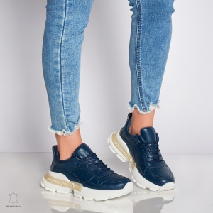 Pantofi Casual dama din Piele naturala cu talpa groasa LF0046 Bleumarin