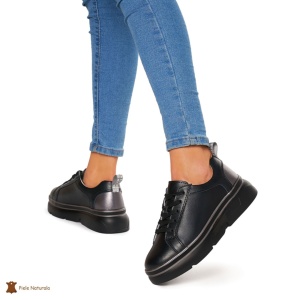 Pantofi Casual dama din Piele naturala cu talpa groasa LF0054 NEGRU - Img 2