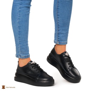 Pantofi Casual dama din Piele naturala cu talpa groasa LF0056 NEGRU - Img 3
