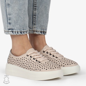 Pantofi Casual dama din Piele naturala PERFORAT USORI CU SIRET LF1341 ROZ - Img 3