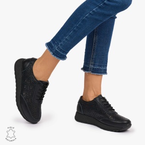 Pantofi casual dama din Piele Naturala Perforati cu model LF0714 NEGRU