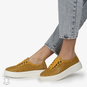 Pantofi Casual dama din Piele naturala PERFORATI USORI CU SIRET LF1341 MUSTAR