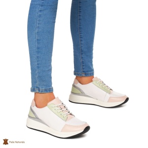Pantofi casual de dama din piele naturala cu talpa plata LF0019 Alb cu Roz - Img 2