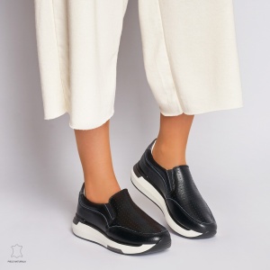 Pantofi casual de dama din piele naturala cu talpa platforma LF0015 Negri