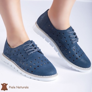 Pantofi Casual de dama perforati din Piele Naturala cu talpa joasa LF0166 bleumarin