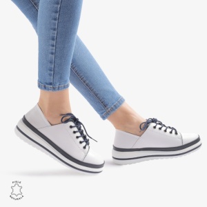 Pantofi casual piele naturala LF877 Alb cu Bleumarin