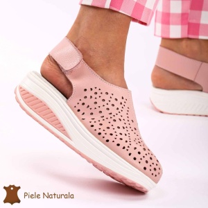 Pantofi Perforati dama din Piele Naturala cu talpa inalta LF0186 ROZ