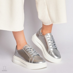 Pantofii casual de dama din piele naturală cu șiret comozi și versatili LF1447 ARGINTIU