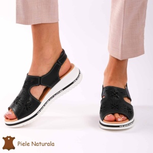 Sandale dama din Piele Naturala cu talpa Inalta LF0195 NEGRU - Img 3