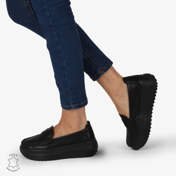 MOCASINI DAMA PIELE NATURALA cu talpa inalta si cusatura laterala LF1276 Negru