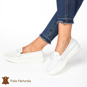 Mocasini Dama Piele Naturala cu talpa plata LF0206 ALB