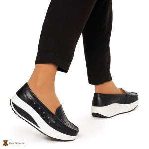 Mocasini Dama Piele Naturala perforati cu talpa groasa LF0079 NEGRU