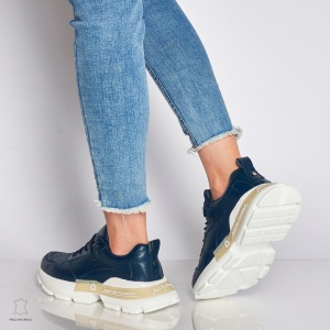 Pantofi Casual dama din Piele naturala cu talpa groasa LF0046 Bleumarin - Img 3