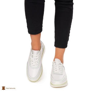 Pantofi casual dama din Piele naturală LF1325 ALB CU VERDE - Img 4