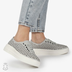 Pantofi Casual dama din Piele naturala PERFORATI USORI CU SIRET LF1341 GRI