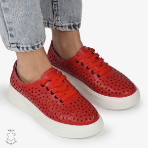 Pantofi Casual dama din Piele naturala PERFORATI USORI CU SIRET LF1341 ROSU - Img 2