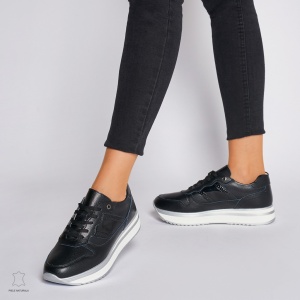 Pantofi casual de dama din piele naturala cu talpa groasa LF0001 BLACK