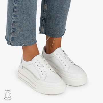 Pantofi Casual de dama din Piele Naturala cu talpa inalta si Dungi LF1203 Alb