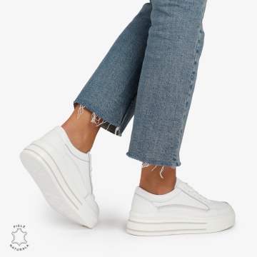 Pantofi Casual de dama din Piele Naturala cu talpa inalta si Dungi LF1203 Alb - Img 2