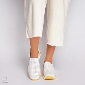 Pantofi casual de dama din piele naturala cu talpa platforma LF0015 Alb cu galben - Img 2