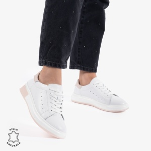 PANTOFI CASUAL DE DAMA DIN PIELE NATURALA LF0770 ALB CU ROZ