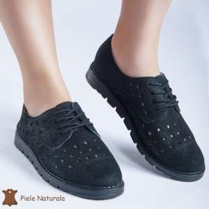 Pantofi Casual de dama perforati din Piele Naturala cu talpa joasa LF0166 NEGRU