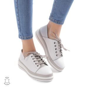 Pantofi casual piele naturala LF877 ALB CU GRI