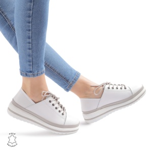 Pantofi casual piele naturala LF877 ALB CU GRI - Img 2