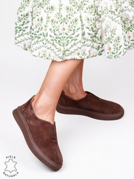 Pantofi damă slip-on din piele naturală întoarsă, model casual modern CRL1817 Cafeniu - Img 2