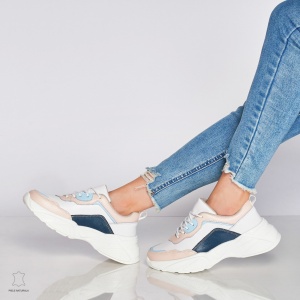 Pantofi Sport dama din Piele naturala cu talpa groasa Multicolor LF0036 Roz cu Bleumarin - Img 3