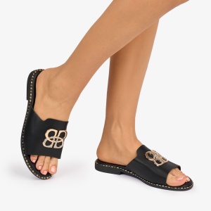 PAPUCI dama din Piele ECOLOGICA CU CATARAMA AURIE IN FATA LF1083 CULOARE: Negru - Img 2