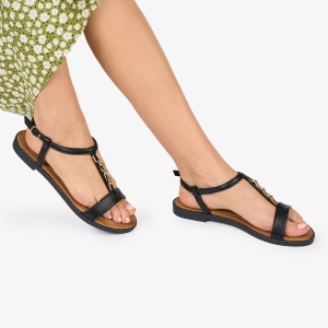 SANDALE dama PIELE ECOLGICA CU DETALIU AURIU LF1028 Culoare: NEGRU - Img 3