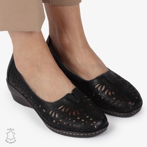 BALERINI dama din Piele naturala PERFORATA SLIP-ON CU TOC MIC LF1362 NEGRU