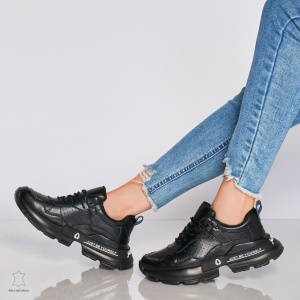 Pantofi Casual dama din Piele naturala cu talpa groasa LF0046 Negru - Img 3
