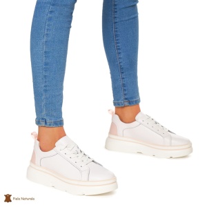Pantofi Casual dama din Piele naturala cu talpa groasa LF0054 ALB CU ROZ