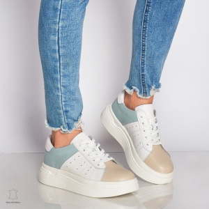 Pantofi Casual dama din Piele naturala cu talpa groasa Multicolor LF0040ALB CU ALBASTRU