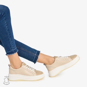 Pantofi Casual DAMA din PIELE Naturala LF0947 CULOARE: BEJ SI AURIU - Img 2