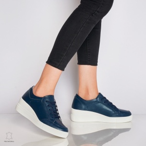 Pantofi casual de dama din piele naturala cu talpa plata LF0034 Bleumarin