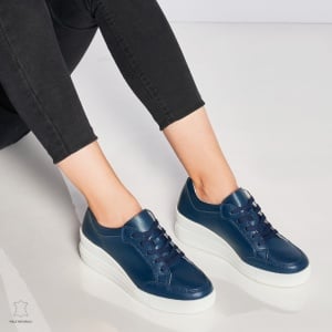 Pantofi casual de dama din piele naturala cu talpa plata LF0034 Bleumarin - Img 2