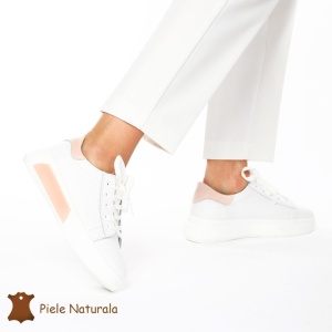 Pantofii casual piele naturala LF1326 ALB CU ROZ
