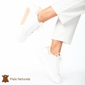Pantofii casual piele naturala LF1326 ALB CU ROZ - Img 3