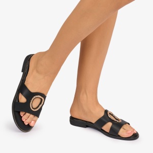 PAPUCI dama din Piele ECOLOGICA CU CATARAMA AURIE IN MIJLOC LF1085 CULOARE: NEGRU