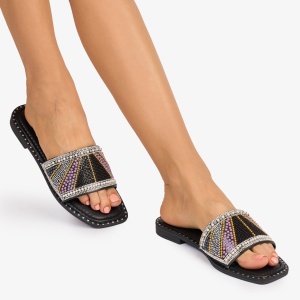 PAPUCI dama din Piele ECOLOGICA CU STRASURI COLORATE LF1076 CULOARE: NEGRU