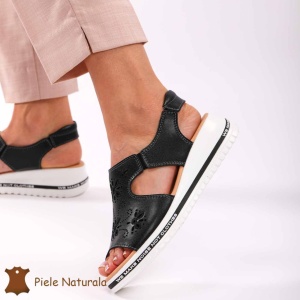 Sandale dama din Piele Naturala cu talpa Inalta LF0195 NEGRU