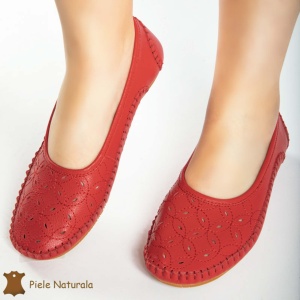 Balerini dama din Piele Naturala cu mici perforatii LF0180 ROSU