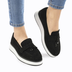 Mocasini DAMA din PIELE ECOLOGICA INTOARSA cu detaliu auriu LF0959 CULOARE: Negru
