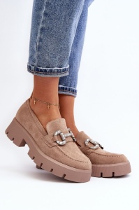 Mocasini DAMA din PIELE ECOLOGICA INTOARSA CU PIETRE STRALUCITOARE LF0974 CULOARE: Bej