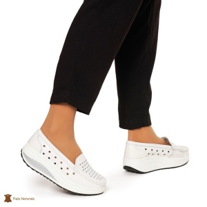 Mocasini Dama Piele Naturala perforati cu talpa groasa LF0079 ALB - Img 2