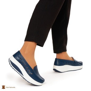 Mocasini Dama Piele Naturala perforati cu talpa groasa LF0079 NAVY - Img 2